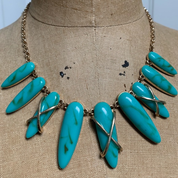 TEAL AND GOLD TONE RETRO REPRO STATEMENT BIB NECKLACE BY SUGARFIX FOR BAUBLE BAR - Picture 1 of 5